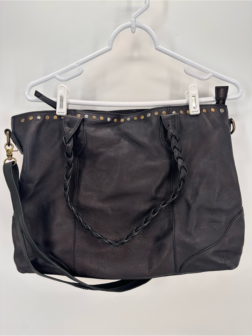 Frye Black Leather Soraya Shopper Tote Bag w/ Mixed Metallic Staple Wallet